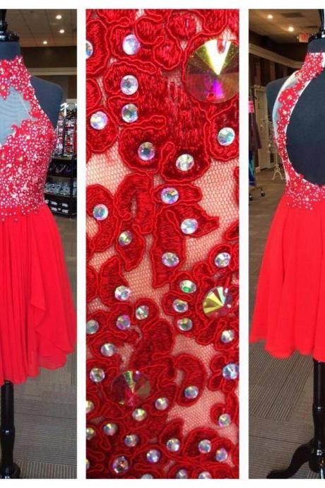 Red Homecoming Dresses With Lace Appliqued Open Back Short Prom Dresses
