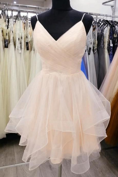 Light Champagne V-neckline Straps Homecoming Dress, Tulle Short prom Dress, Graduation Dress 