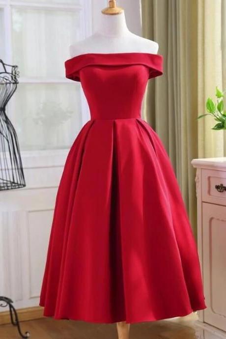 Beautiful Red Satin Tea Length Off Shoulder Party Dress, Red Homecoming Dress