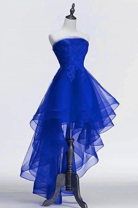 Tulle with Lace Applique High Low Party Dress, Blue Homecoming Dress