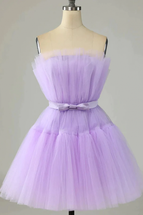 Short Purple Strapless Tulle Prom Dresses, Short Lavender Tulle Graduation Homecoming Dresses