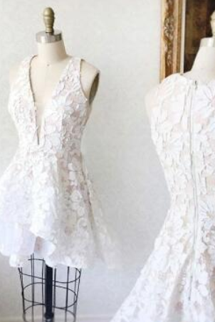 White Lace Short Prom Dress, Lace Homecoming Dress