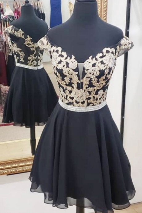 Black Chiffon Lace Short Prom Dress, Black Homecoming Dress