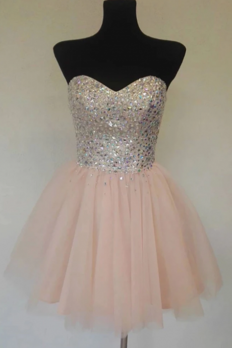 Sweetheart Neck Pink Tulle Beaded Short Strapless Prom Dress, Bridesmaid Dress