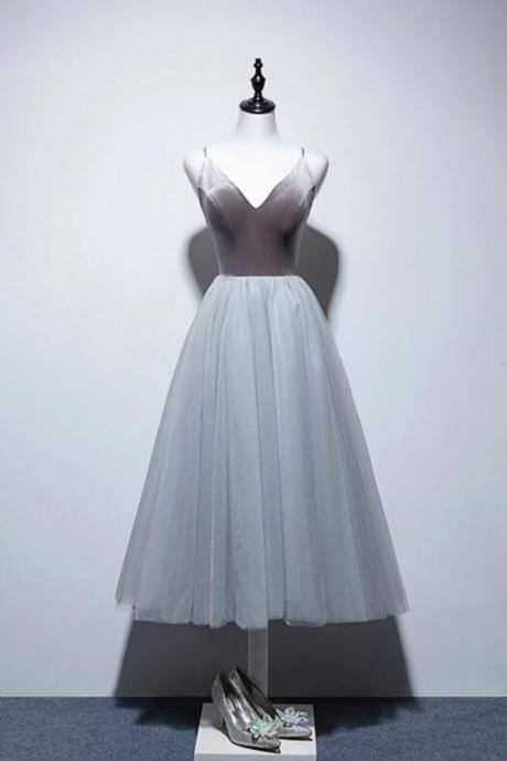Gray Mid Length Formal Dress,charming Spaghetti Straps Evening Dress,v-neck Velvet Prom Dress,a-line Tulle Prom Dress