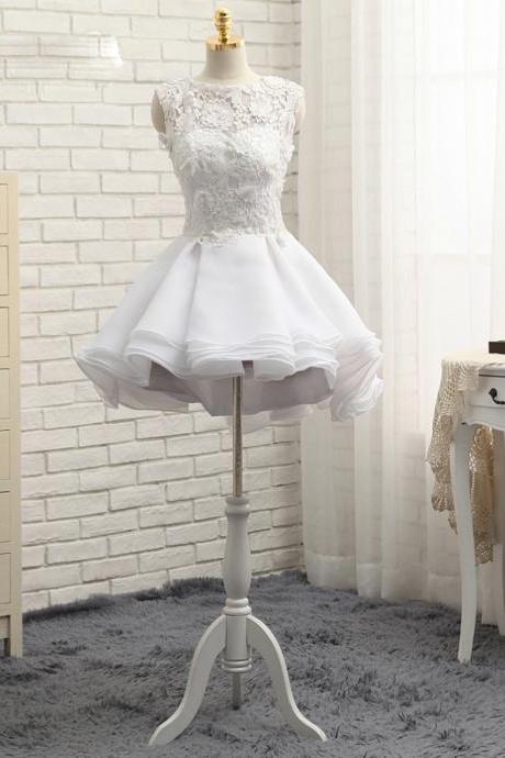 Cute Short Mini Organza Wedding Dresses,beautiful A-line Sleeveless Appliques Lace Wedding Evening Dresses