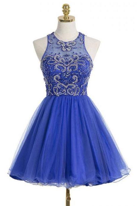 Princess Illusion Neck Tulle Homecoming Dress With Keyhole Back, Royal Blue Homecoming Dresses With Gorgeous Beads, Short Homecoming Dress