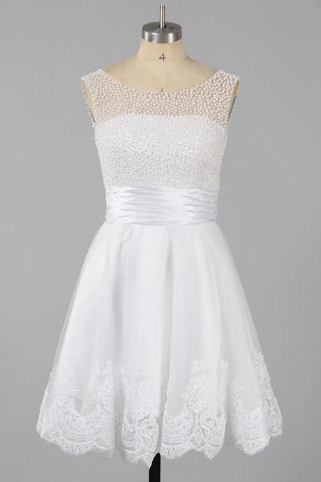 Pearl Beaded White Homecoming Dresses, Romantic Lace Homecoming Dress With A Ribbon, A-line Illusion Neck Homecoming Dresses