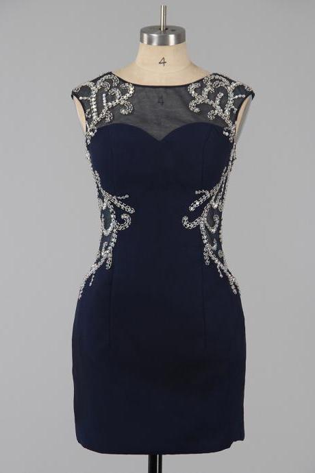 Dark Navy Column Illusion Neck Homecoming Dresses, Sexy Open Back Homecoming Dresses, Silk-like Satin Homecoming Dress With Sparkle Beads