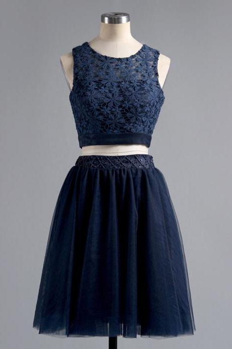 Dark Navy Two Piece Homecoming Dresses, A-line Scoop Neck Lace Homecoming Dress, Tulle Crop Top Homecoming Dresses With Beaded Belt