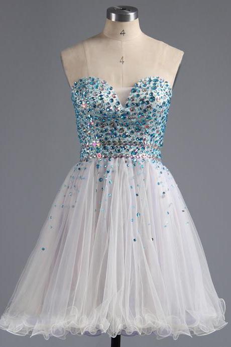 Sweetheart Tulle Homecoming Dress, Princess White Homecoming Dresses With Blue Beads, Sparkling Mini Homecoming Dresses With Crystal Belt