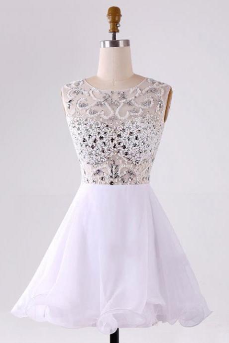 Cute Illusion Beaded Prom Dresses, White Chiffon Tulle Homecoming Dresses, Short See-through Prom Dresses With Sparkle Beads