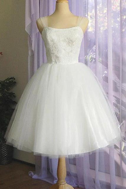 Pretty Knee-length Wedding Dress With Gorgeous Lace Appliques, Satin White Wedding Dress With Tulle Straps, Square Neckline Bridal Gown