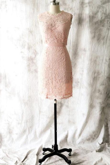 Short Bridesmaid Dress, Sleeveless Pink Lace Bridesmaid Dress, Sweet Sash Knee Length Bridesmaid Dress