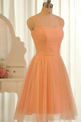 Orange Bridesmaid Dresses, Sweetheart Short Bridesmaid Dresses With Tulle Straps, Popular Knee-length Bridesmaid Dresses With Soft Pleats