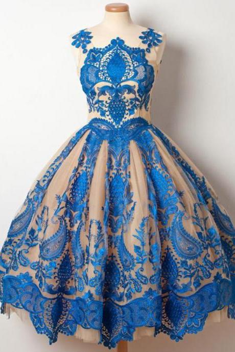 Vintage Homecoming Dress, Royal Blue Appliques Tulle Short Prom Dress, Party Dress