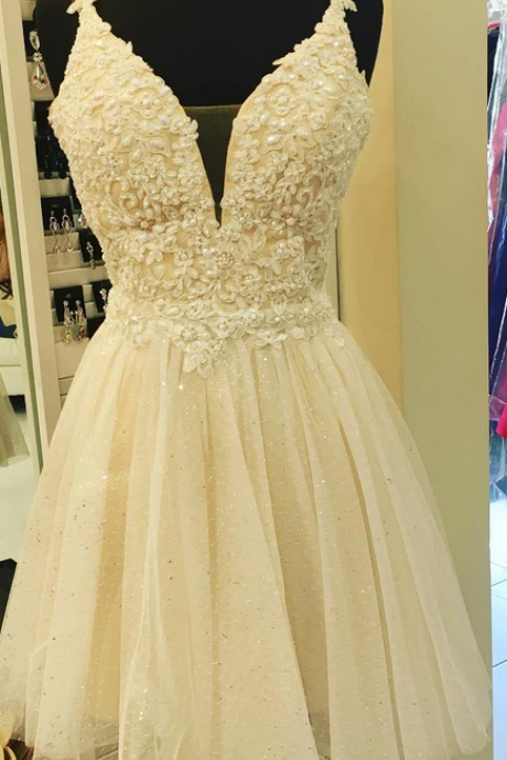 Lace Appliques With Pearls Mini Homecoming Dresses,v Neckline Beaded Champagne Prom Dresses Short,graduation Dresses