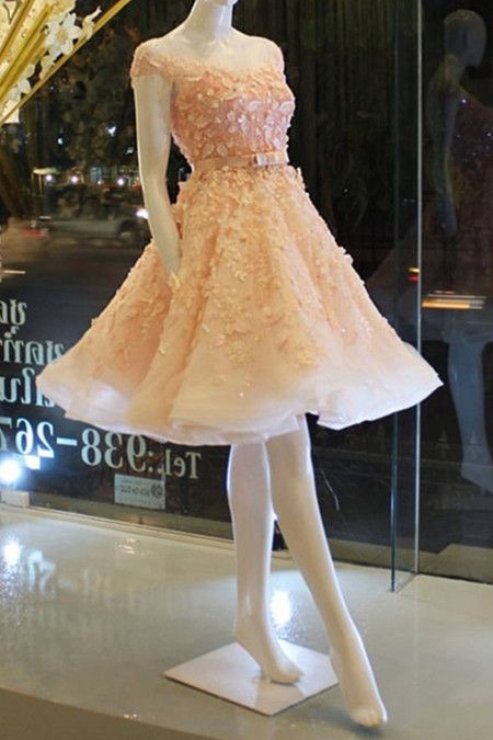 Baby Pink Lovely Prom Dresses,cute Belt Short Sleeves Bridesmaid Dresses Featured With Lace Flowers