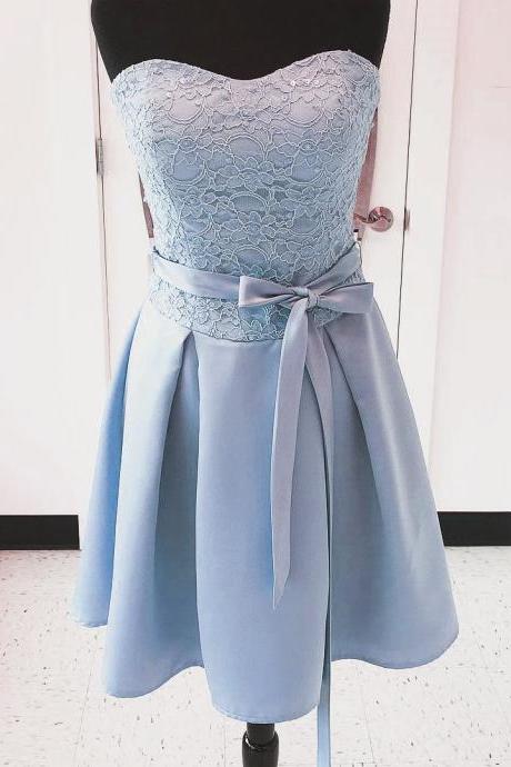 Short Bridesmaid Dresses, Lace Covered Satin Short Dresses For Graduation With Lovely Belt, Cute Wedding Party Dress
