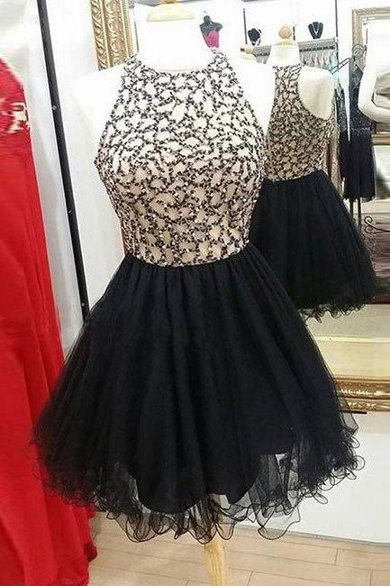 Black Round Neck Homecoming Dresses,tulle Sequin Short Prom Dress, Cute Homecoming Dress