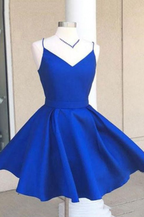 A-line Homecoming Dress, Spaghetti Straps Blue Satin Homecoming Dress, Cocktail Dress With Bowknot