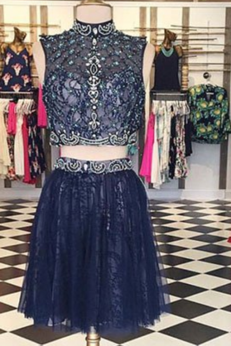 Dark Blue High Neck Homecoming Dresses,two Pieces Lace Short Prom Dress, Cute Homecoming Dress