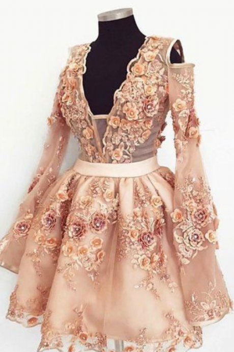 Cute Champagne Lace Applique Short Prom Dress, Homecoming Dress