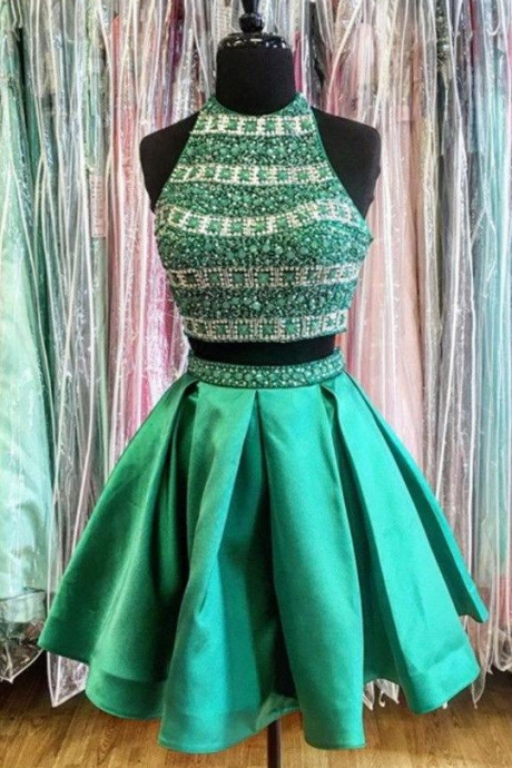 Two Piece Homecoming Dresses, Green Sparkly Short Prom Dress Party Dress