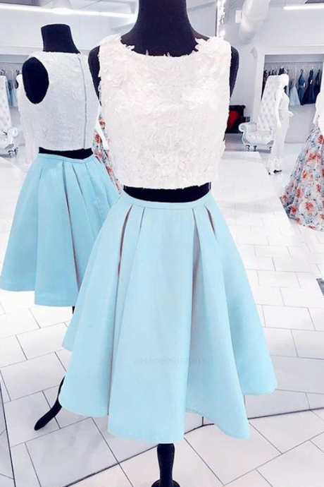 Colorful Lace Babyblue Two Pieces Short Homecoming Dress, Lace Prom Dress