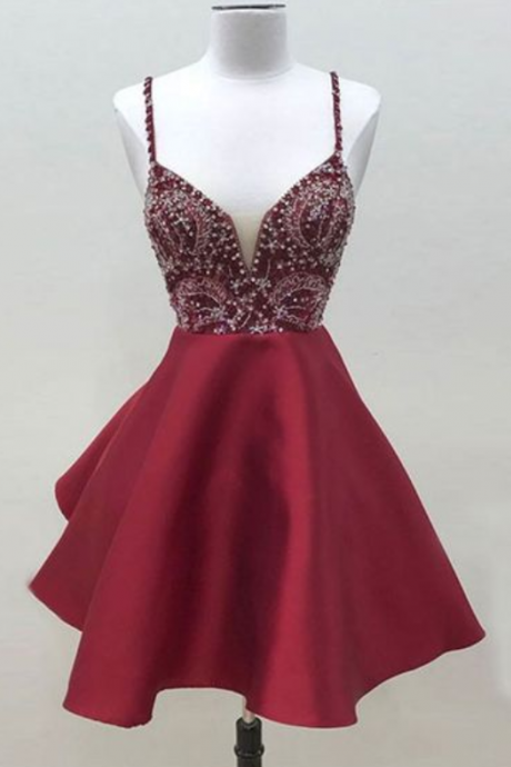 Cute Burgundy V Neck Short Prom Dress, Burgundy Homecoming Dress