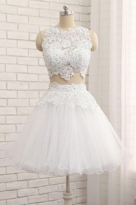 White Tulle Short Two Pieces Homecoming Dress, Lace Prom Dress