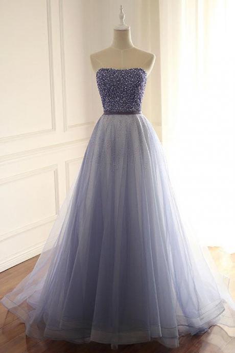 Strapless Blue Beaded Tulle Prom Dress,a-line Blue Evening Dresses