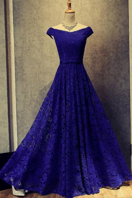 Royal Blue Lace Floor Length Prom Dress,off Shoulder A-line Evening Dresses
