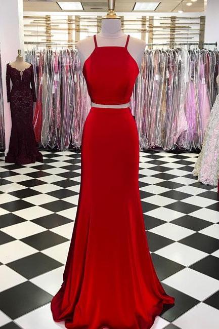 Simple Two-piece Burgundy Long Prom Dress,red Evening Dresses