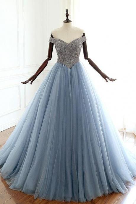 Stunning Dusty Blue Luxurious Beaded Prom Dress,long Tulle Evening Dress