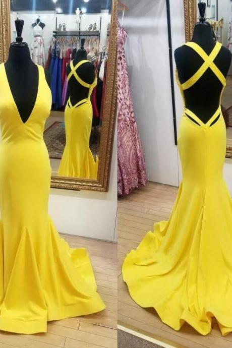 Yellow V-Neck Mermaid Sweep Prom Dress, Fashion Evening Gowns