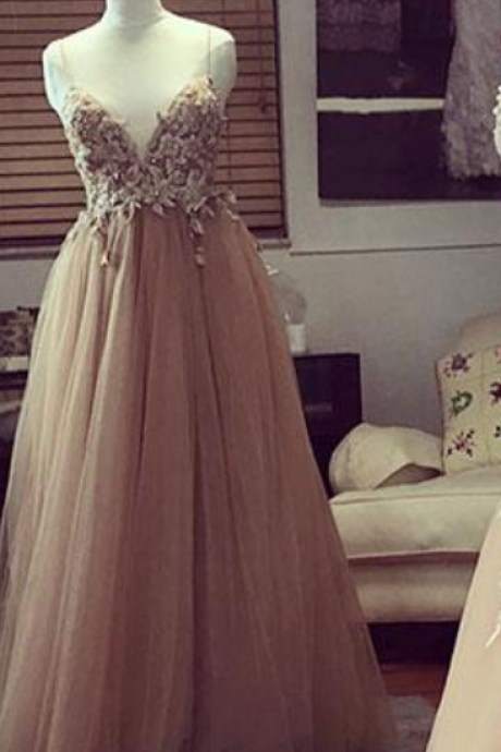 Elegant Champagne V-neck Lace Prom Dress,long Evening Formal Dress