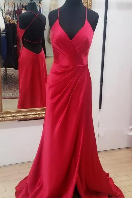 Gorgeous Red Strapless A-line V-neck Long Prom Dress,split Backless Evening Dress,formal Party Dress
