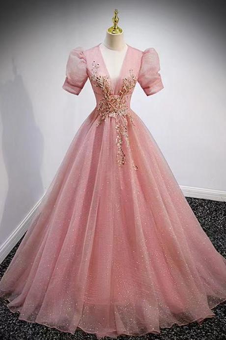 V-neck Evening Dress,pink Prom Dress,princess Ball Gown Dress