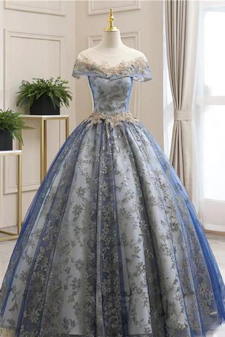 Blue Bridal Dress, Chic Ball Gown Dress, Pomp Floor-length Evening Dress