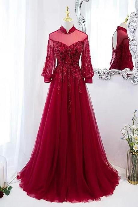 Long Sleeve Prom Dress, Red Evening Dress,high Neck Party Dress,red Dress