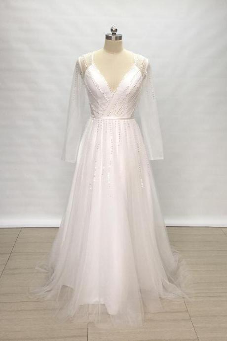 V-Neck Tulle Long Wedding Dress with Long Sleeves, party dress,charming prom dress