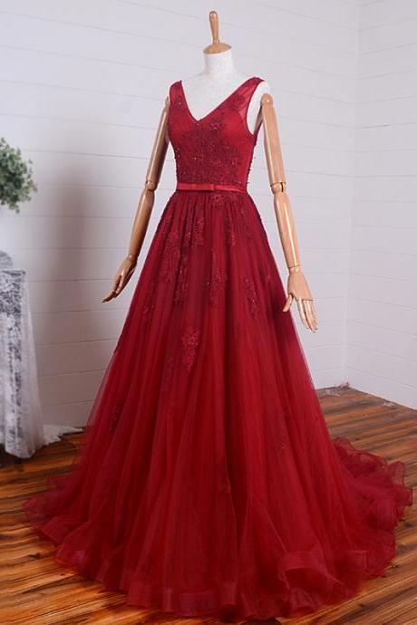 Elegant Party Dress, A Line V Neck Lace Applique Long Prom Dress, Long Formal Dress