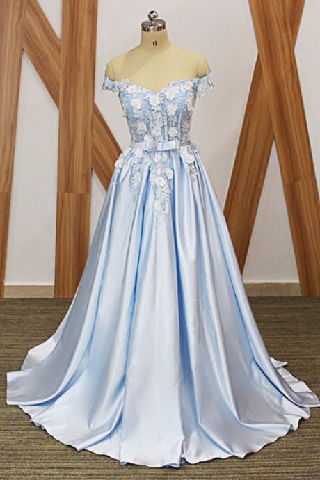 Elegant Party Dress, Satin Off Shoulder Long Sweetheart Senior Prom Dress With Applique, Long Formal Dress