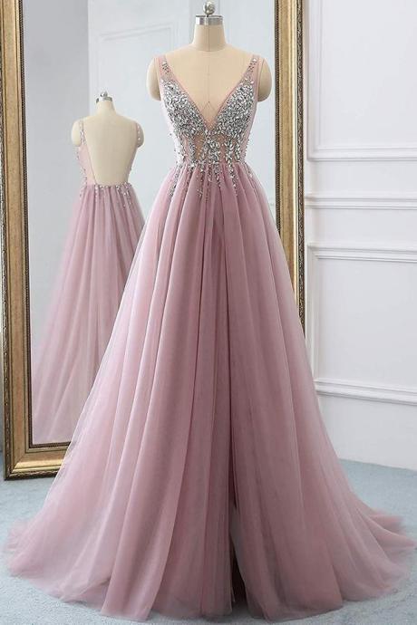 Open Back V Neck Prom Dress, Modest Beautiful Long Prom Dress, Banquet Party Dress