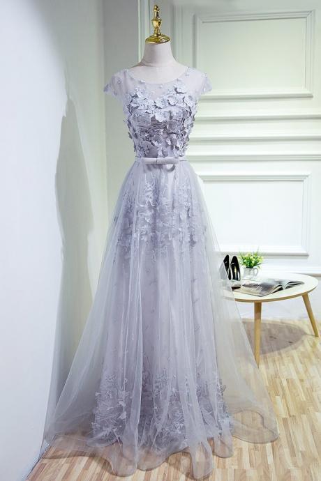 ROUND NECK TULLE LACE APPLIQUE Formal Prom Dress, Modest Beautiful Long Prom Dress, Banquet Party Dress