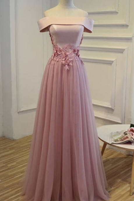 Elegant Lace-Up Off-The-Shoulder Tulle Formal Prom Dress, Beautiful Long Prom Dress, Banquet Party Dress