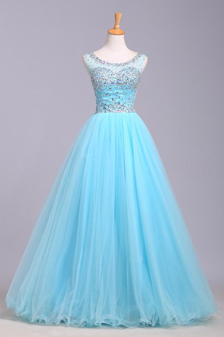 Elegant A-Line O-Neck Tulle Formal Prom Dress, Beautiful Long Prom Dress, Banquet Party Dress