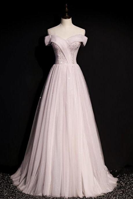 Elegant A Line Tulle Beads Formal Prom Dress, Beautiful Long Prom Dress, Banquet Party Dress