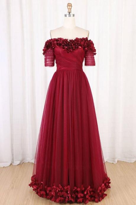 Elegant A Line Tulle Short Sleeve Formal Prom Dress, Beautiful Long Prom Dress, Banquet Party Dress
